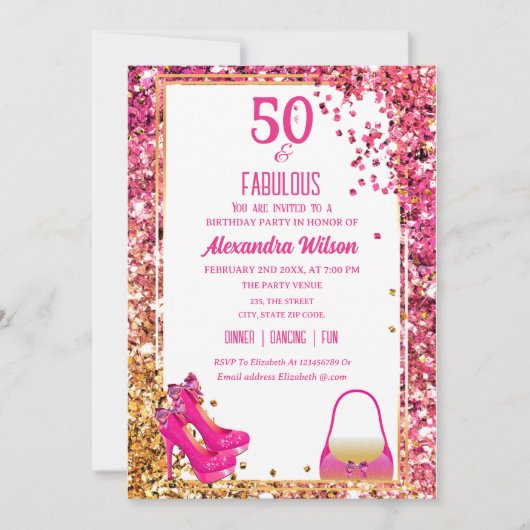 Prachtige 50e verjaardag hoge hakken roze glitters kaart (Voorkant)