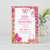 Prachtige 50e verjaardag hoge hakken roze glitters kaart (Staand voorkant)
