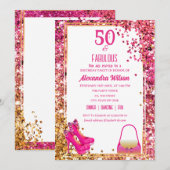 Prachtige 50e verjaardag hoge hakken roze glitters kaart (Voorkant / Achterkant)