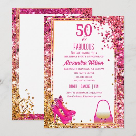 Prachtige 50e verjaardag hoge hakken roze glitters kaart (Voorkant / Achterkant)