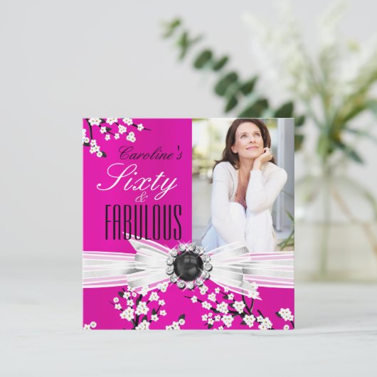 Prachtige 60 Foto Elegante Roze Bloesem Verjaardag Kaart (Staand voorkant)