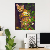 Prachtige Abyssiniaanse kat in een midnight Garden Poster (Thuiskantoor)