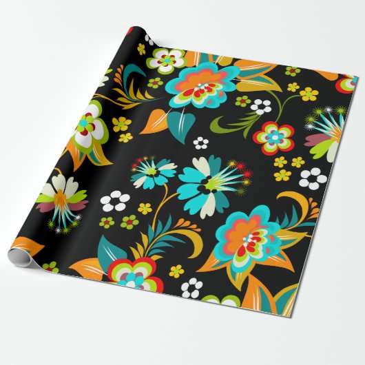 Prachtige Aqua & Black Abstract Floral Pattern Cadeaupapier (Uitgerold)