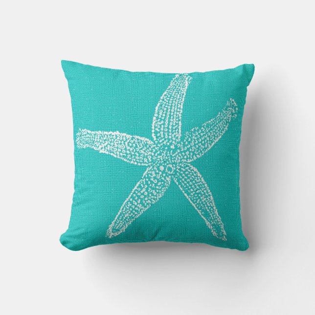 Prachtige Aqua met White Starfish Burlap look Kussen (Voorkant)