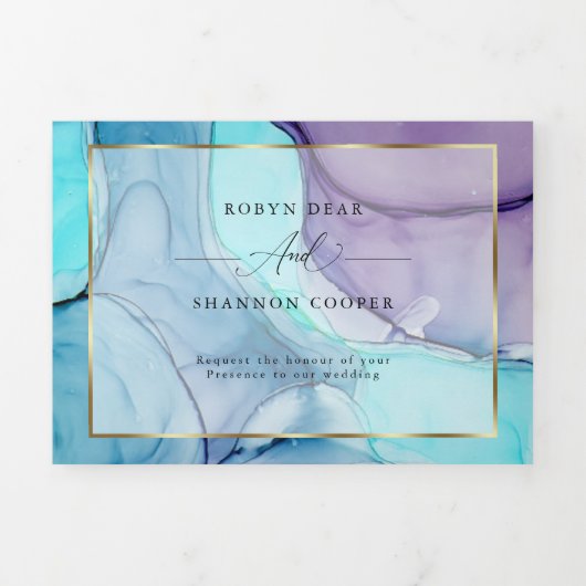 Prachtige Aqua Violet Abstracte Ink Tri-Fold CUSTO Drieluik Uitnodiging (Cover)