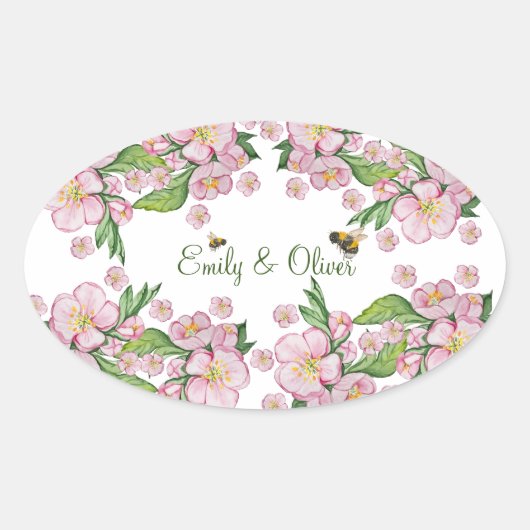 Prachtige aquarel appelboom bloemen en bijen ovale sticker (Voorkant)