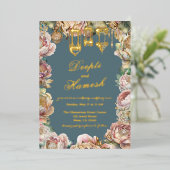 Prachtige Arabische Nachten Blau Bloemige Bruiloft Folie Uitnodiging (Staand Voorkant)