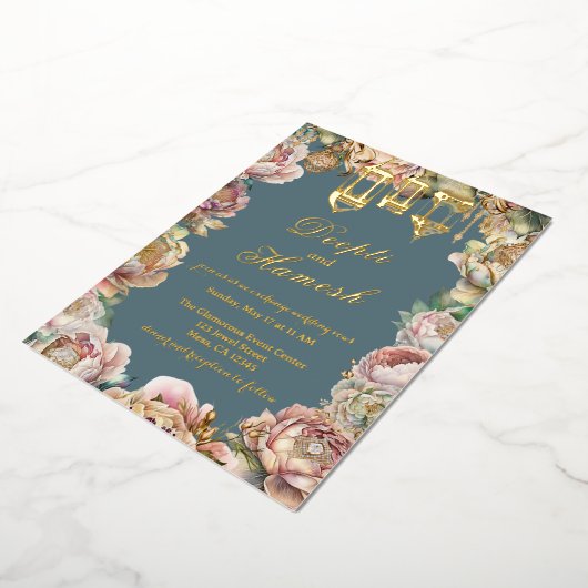 Prachtige Arabische Nachten Blau Bloemige Bruiloft Folie Uitnodiging (Gedraaid)