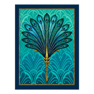 Prachtige Art Deco Peacock Fan Poster. Perfect Poster