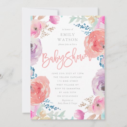 Prachtige Baby shower Uitnodiging Floral Waterverf (Voorkant)
