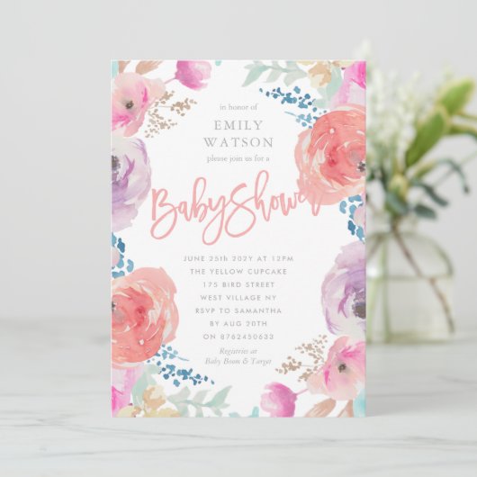 Prachtige Baby shower Uitnodiging Floral Waterverf (Staand voorkant)