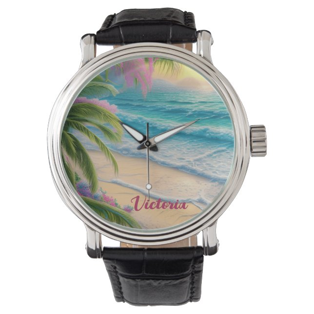 Prachtige Beach Ocean Waves Zand Palm Bomen Horloge (Voorkant)