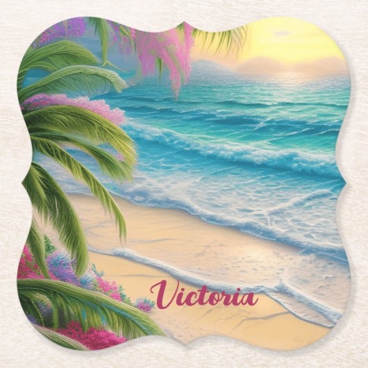 Prachtige Beach Ocean Waves Zand Palm Bomen Kartonnen Onderzetters (Voorkant)