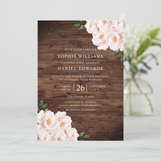 Prachtige bijtende bleekroze legante bruiloft kaart (Staand voorkant)