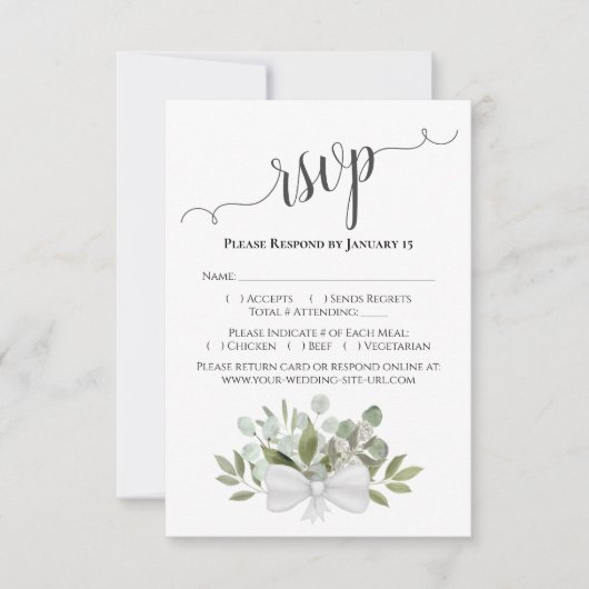Prachtige bijtende eucalyptus en groene bruiloft RSVP kaartje (Voorkant)