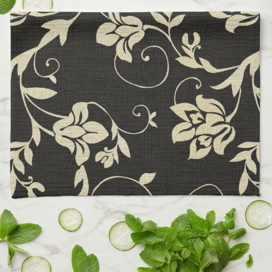 Prachtige  Black en Cream Floral, Damask Theedoek (Gevouwen)