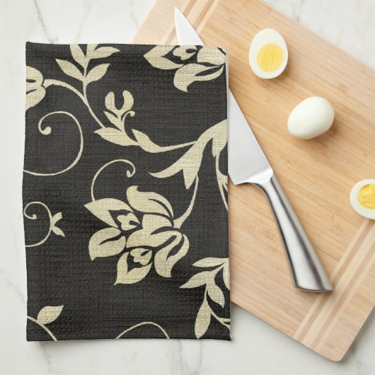 Prachtige  Black en Cream Floral, Damask Theedoek (Quarter Fold)