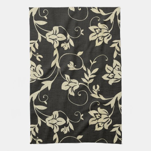 Prachtige  Black en Cream Floral, Damask Theedoek (Verticaal)