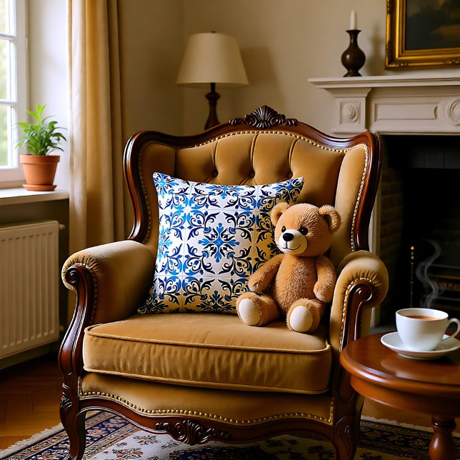 💙 prachtige blauwe Azulejos, kleine tegel Kussen (💙 Beautiful blue Azulejos, Small tile size Throw Pillow)