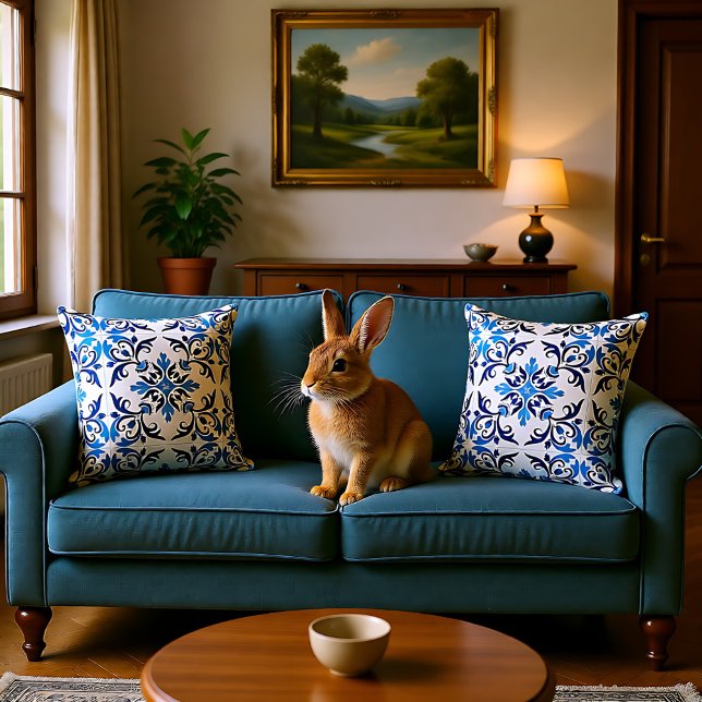 💙 prachtige blauwe Azulejos, middelgrote tegel Kussen (💙 Beautiful blue Azulejos, Medium tile size Throw Pillow)