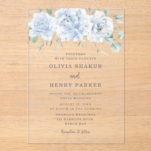 Prachtige blauwe bloemen bruiloft acryl uitnodigingen (Voorkant)