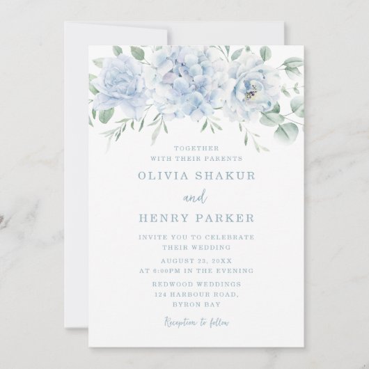 Prachtige blauwe bloemen bruiloft kaart (Voorkant)