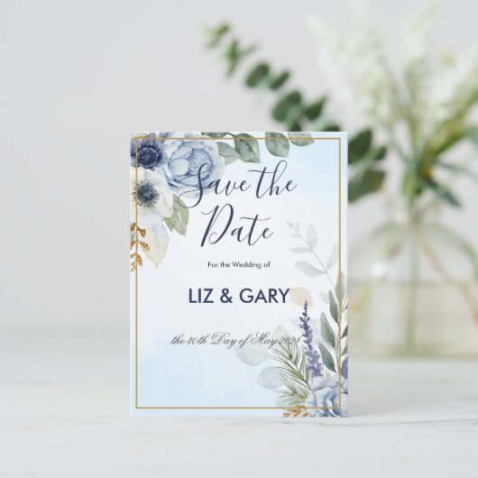 Prachtige Blauwe Bloemen Red het Date Briefkaart (Staand voorkant)