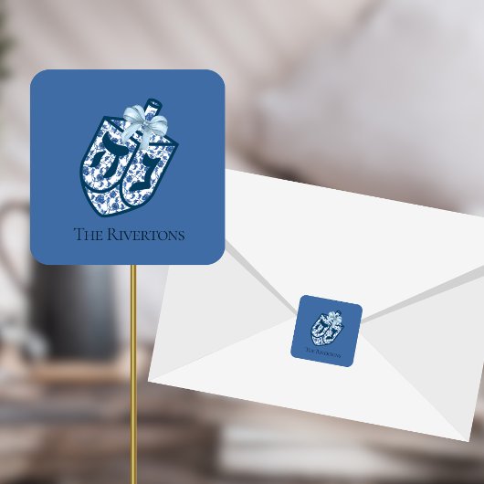 Prachtige Blauwe Dreidel Chinoiserie Naam Sticker