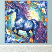 Prachtige blauwe eenhoorn canvas afdruk (Insitu (Houten vloer))