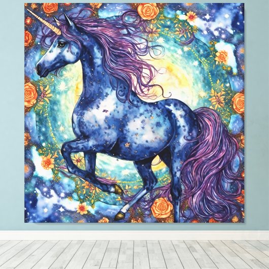 Prachtige blauwe eenhoorn canvas afdruk (Insitu (Houten vloer))