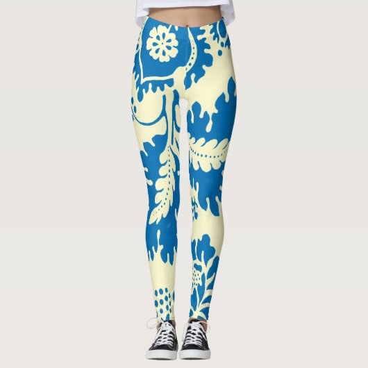 Prachtige blauwe en crème bloemenprint leggings (Voorkant)