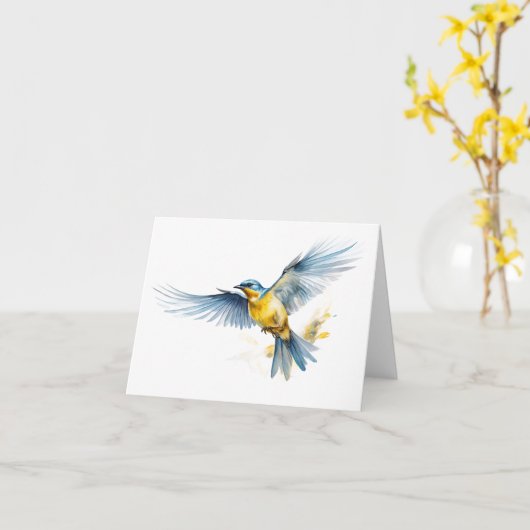 Prachtige Blauwe en Gele Vogel Vliegende BLANK Kaart (Gele Bloem)