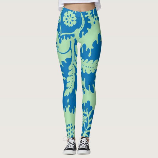 Prachtige blauwe en groene bloemenprint leggings (Voorkant)