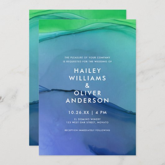 Prachtige blauwe groene Waterverf Wash Weddenschap Kaart (Voorkant / Achterkant)