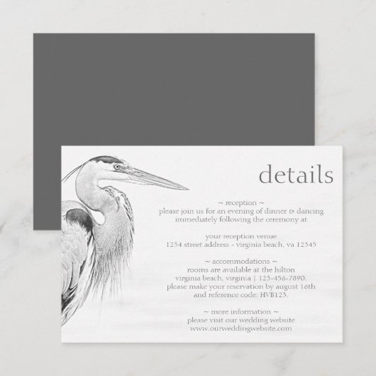 Prachtige blauwe heron Bird Sketch Wedding Details Informatiekaartje (Voorkant / Achterkant)