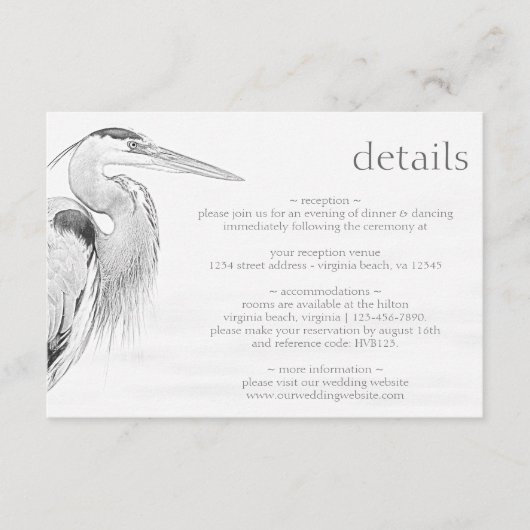 Prachtige blauwe heron Bird Sketch Wedding Details Informatiekaartje (Voorkant)