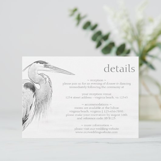 Prachtige blauwe heron Bird Sketch Wedding Details Informatiekaartje (Staand voorkant)