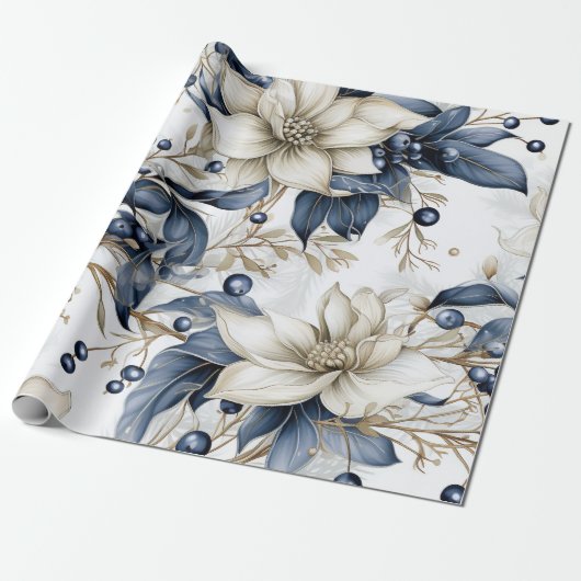 Prachtige Blauwe Kerstmis Bloemen Cadeaupapier (Uitgerold)