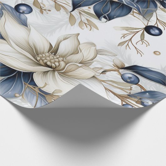Prachtige Blauwe Kerstmis Bloemen Cadeaupapier (Hoek)