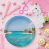 Prachtige Blauwe Tropische Beach met Thatched Huts Papieren Bordje (Feest)