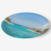 Prachtige Blauwe Tropische Beach met Thatched Huts Papieren Bordje (Gekanteld)