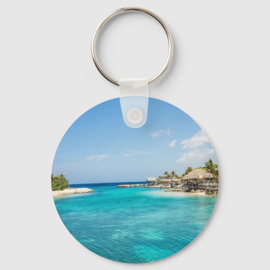 Prachtige Blauwe Tropische Beach met Thatched Huts Sleutelhanger (Voorkant)