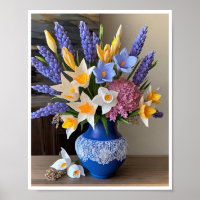 Prachtige blauwe vaas bloemschikken narcissen