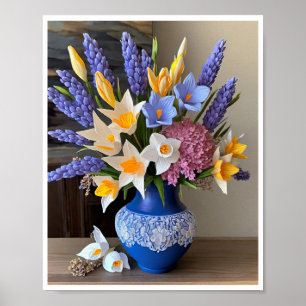 Prachtige blauwe vaas bloemschikken narcissen poster