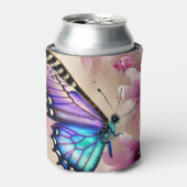 Prachtige blauwe vlinder en roze bloemen blikjeskoeler (Blikje Voorkant)