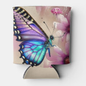 Prachtige blauwe vlinder en roze bloemen blikjeskoeler (Voorkant)