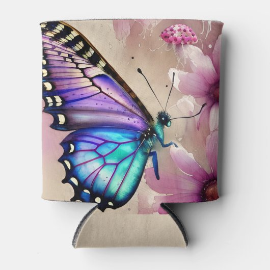 Prachtige blauwe vlinder en roze bloemen blikjeskoeler (Voorkant)