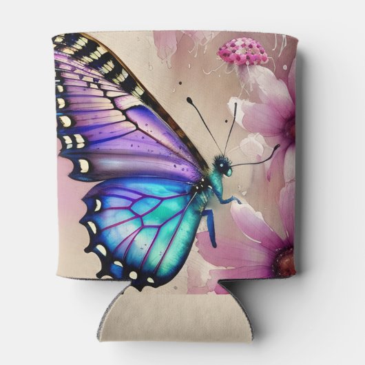Prachtige blauwe vlinder en roze bloemen blikjeskoeler (Achterkant)