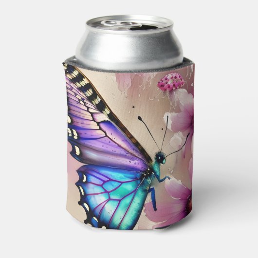 Prachtige blauwe vlinder en roze bloemen blikjeskoeler (Blikje Achterkant)