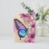 Prachtige blauwe vlinder en roze bloemen briefkaart (Staand voorkant)